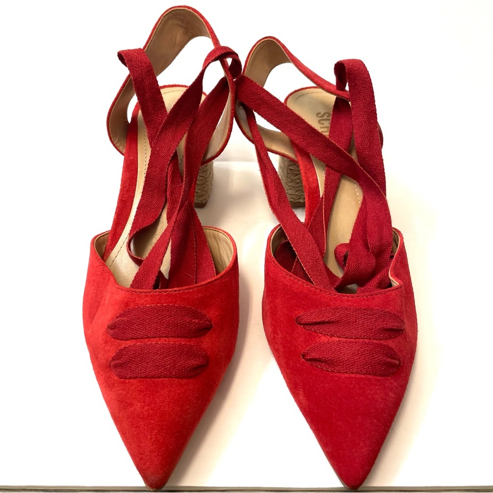 Schutz Feba Red Pointed Toe Lace Up Espadrille Jute Leather Block Heel Sandals